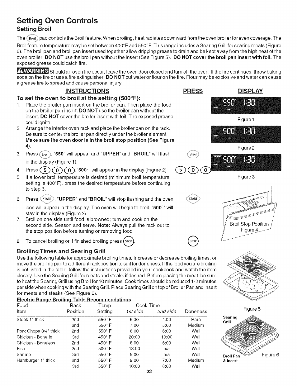 Setting oven controls, Sofr, Setting broil | Broiling times and searing grill | Kenmore 790.479 User Manual | Page 22 / 36