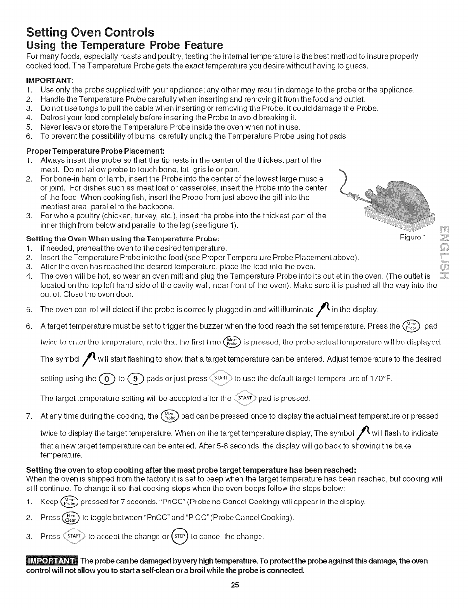 Using the temperature probe feature, Important, Setting oven controls | Kenmore 790.479 User Manual | Page 25 / 36