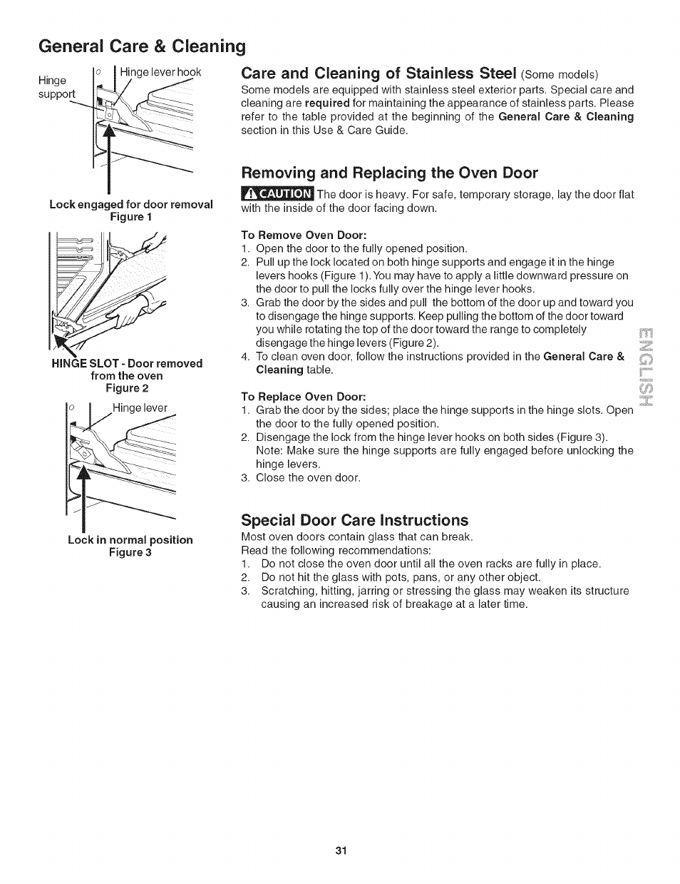 Care and cleaning of stainless steel (some models), Removing and replacing the oven door, Â caution | To remove oven door, To replace oven door, Special door care instructions, Generai care & cleaning, Special | Kenmore 790.479 User Manual | Page 31 / 36