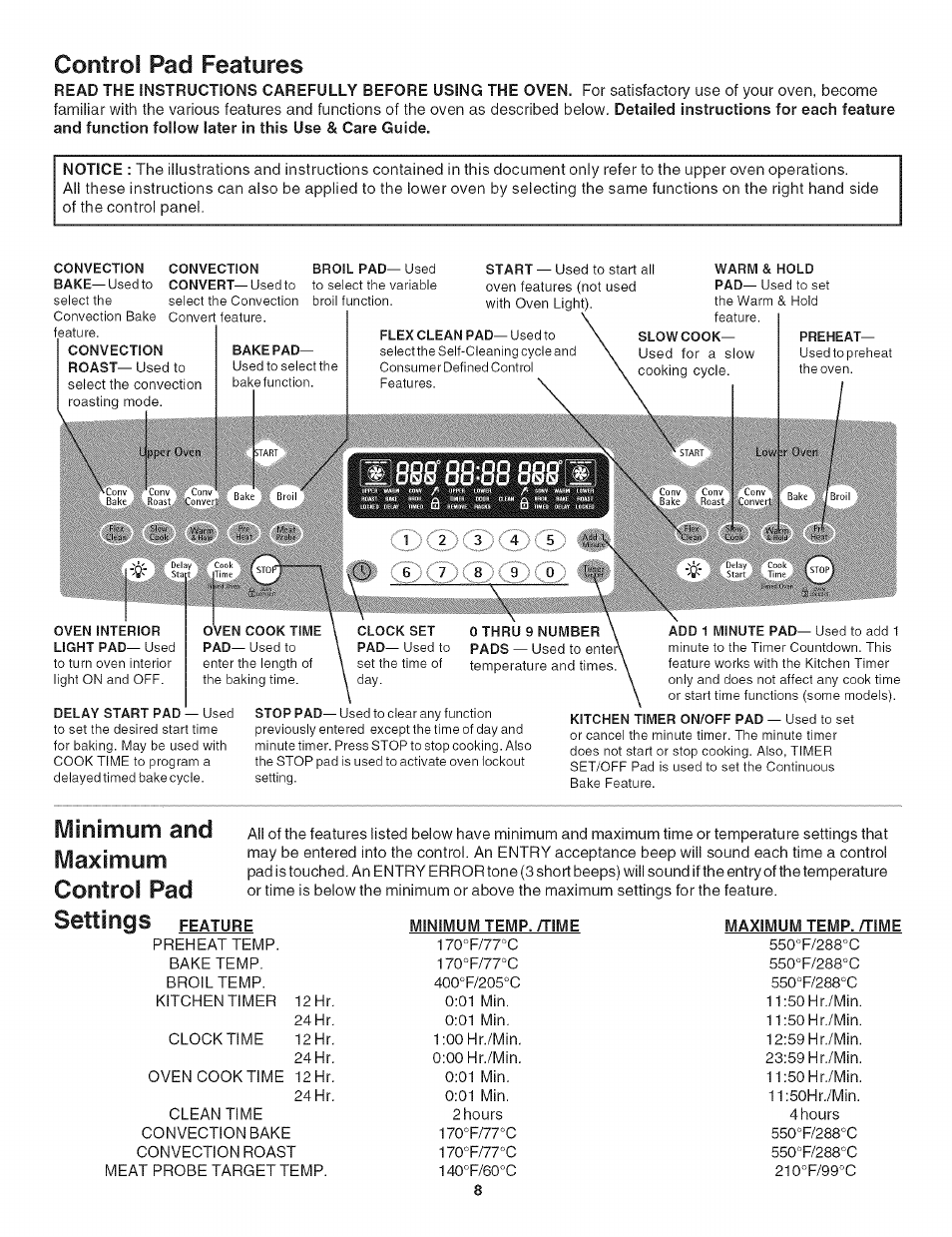 Control pad features, Minimum and maximum control pad | Kenmore 790.479 User Manual | Page 8 / 36