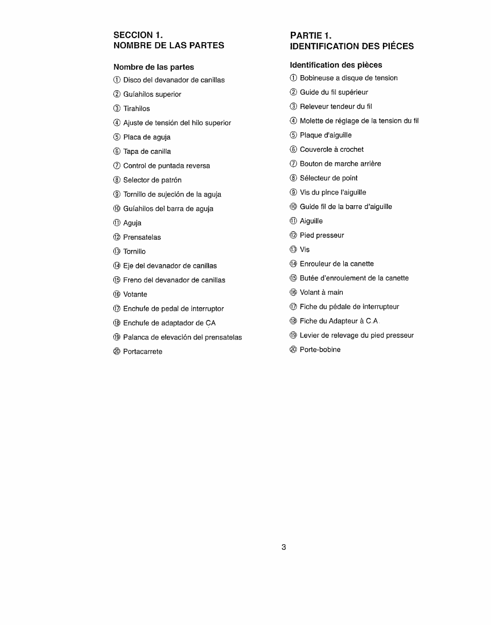 Seccion 1, Nombre de las partes, Partie 1 | Identification des pièces | Kenmore 385.11703 User Manual | Page 11 / 41