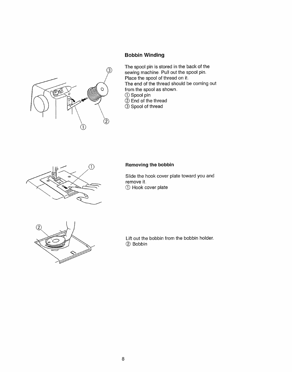 Bobbin winding, Removing the bobbin | Kenmore 385.11703 User Manual | Page 16 / 41