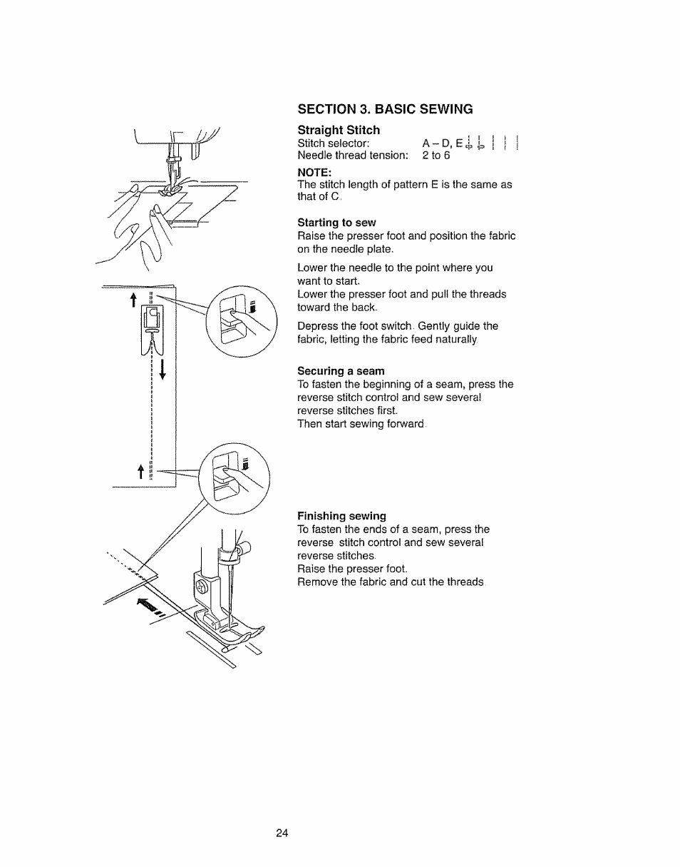 Section 3. basic sewing, Note, Starting to sew | Securing a seam, Finishing sewing | Kenmore 385.11703 User Manual | Page 32 / 41