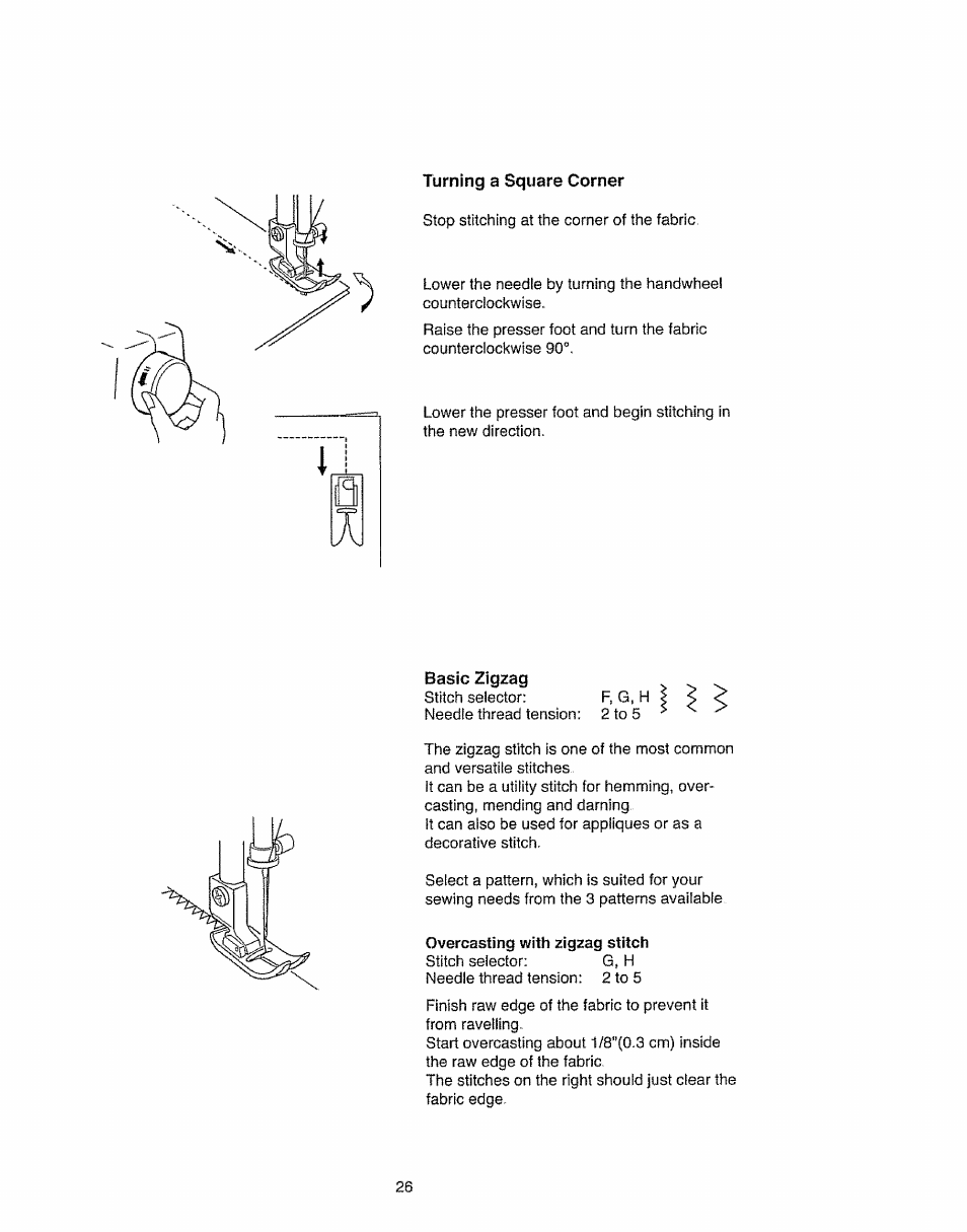 Turning a square corner, Basic zigzag, Overcasting with zigzag stitch | Kenmore 385.11703 User Manual | Page 34 / 41