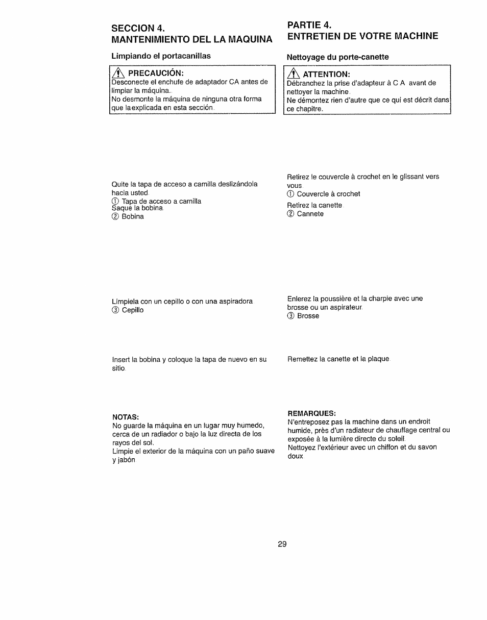 Seccion 4, Mantenimiento del la maquina, Limpiando el portacanllías | Partie 4, Entretien de votre machine, Nettoyage du porte-canette, Notas, Remarques | Kenmore 385.11703 User Manual | Page 37 / 41