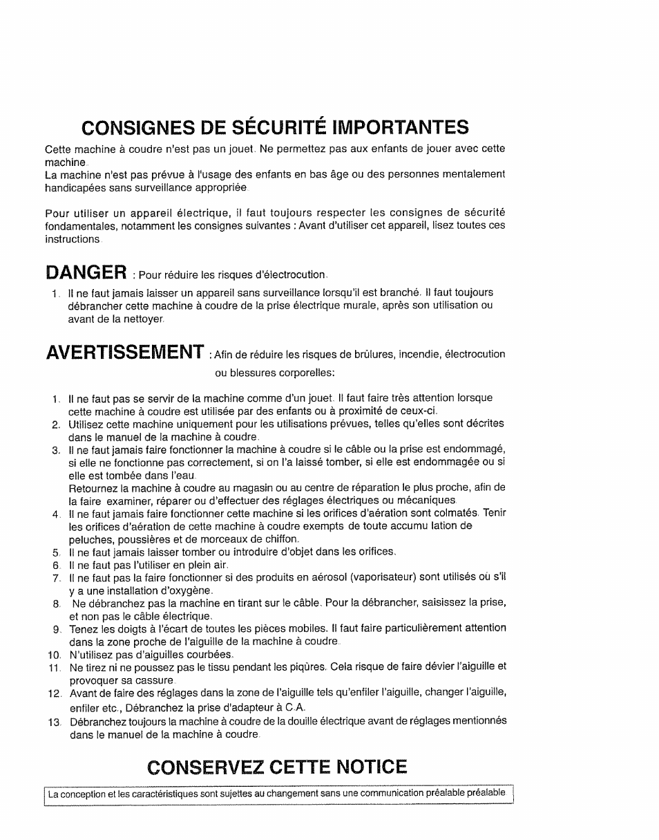 Consignes de securite importantes, Danger, Avertissement | Conservez cette notice | Kenmore 385.11703 User Manual | Page 4 / 41