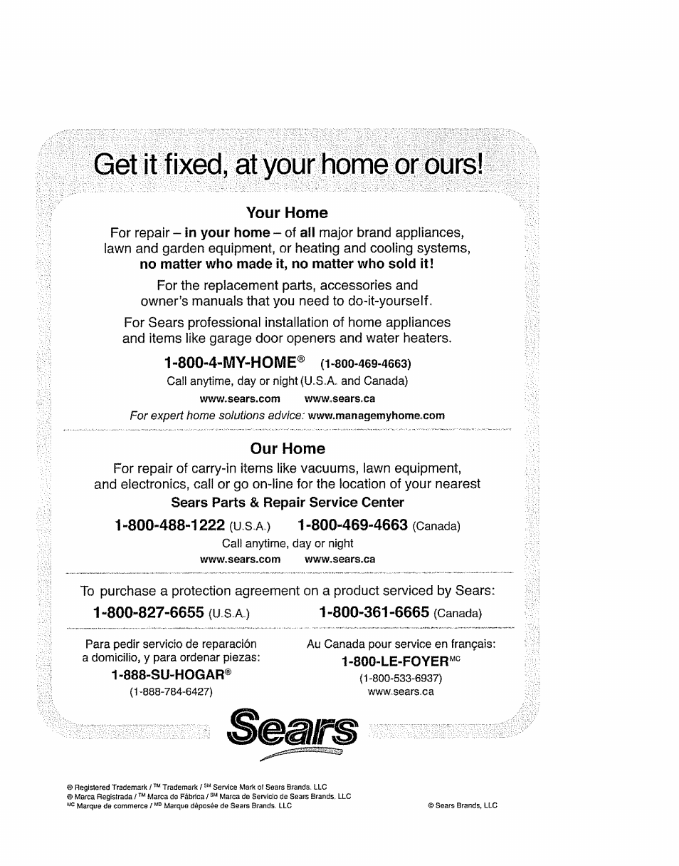 Get it fixed, at your home or ours, Your home, 800-4-my-home | Our home | Kenmore 385.11703 User Manual | Page 41 / 41