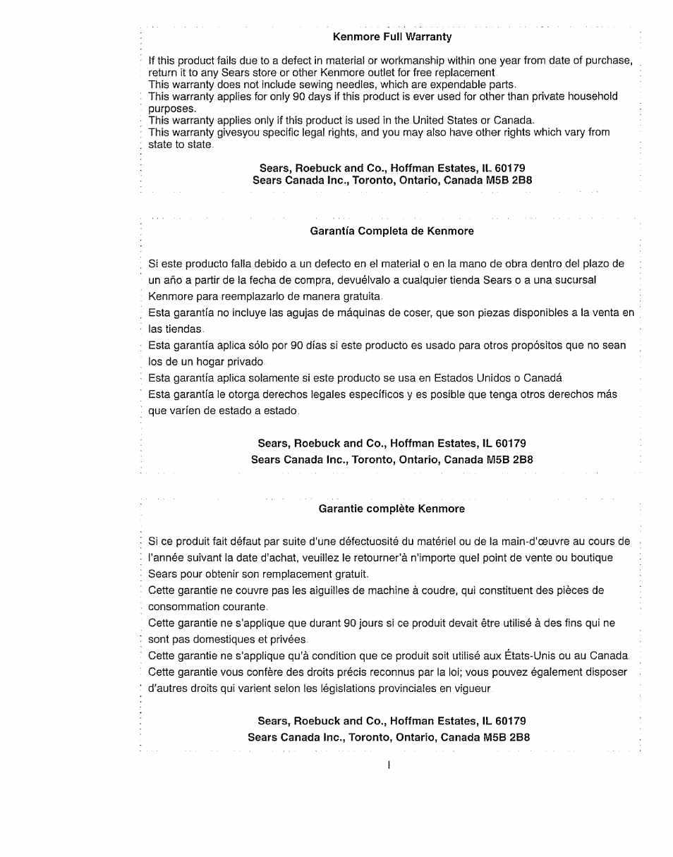 Kenmore full warranty, Garantía completa de kenmore, Garantie complète kenmore | Kenmore 385.11703 User Manual | Page 5 / 41