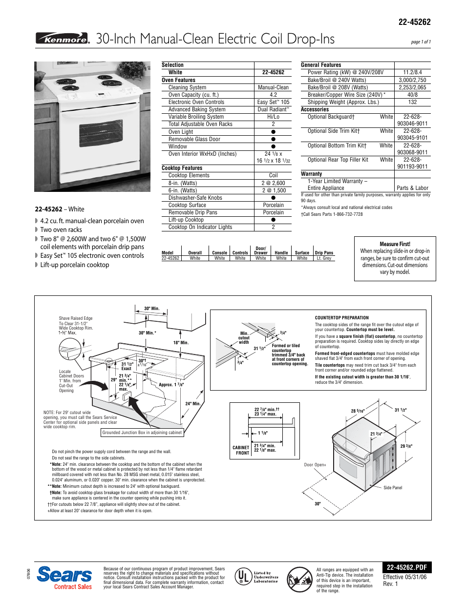 Kenmore 22-45262 User Manual | 1 page