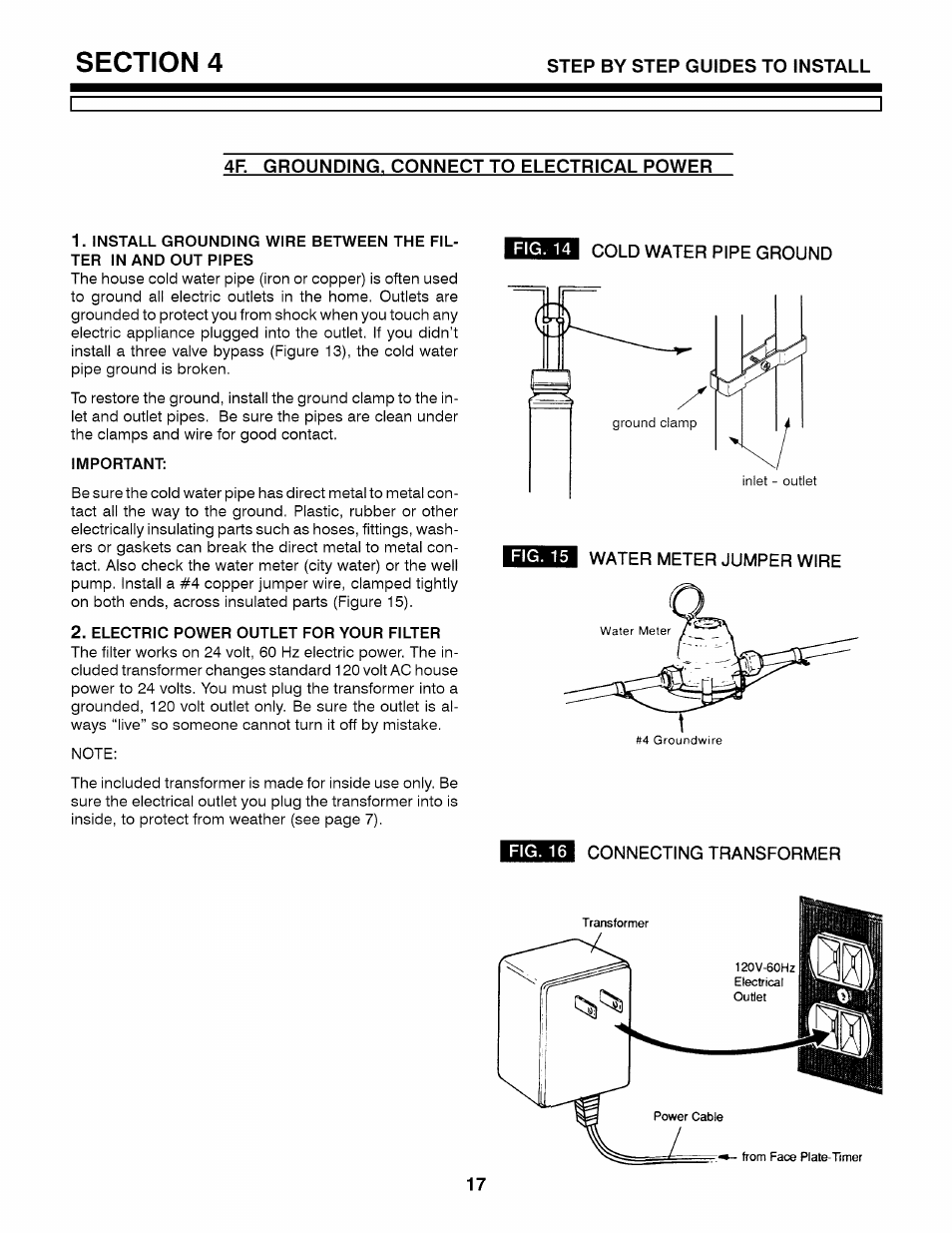 4f. grounding. connect to electrical power, Cold water pipe ground, Fig. 15 | Water meter jumper wire, Connecting transformer | Kenmore 7146611 User Manual | Page 17 / 20