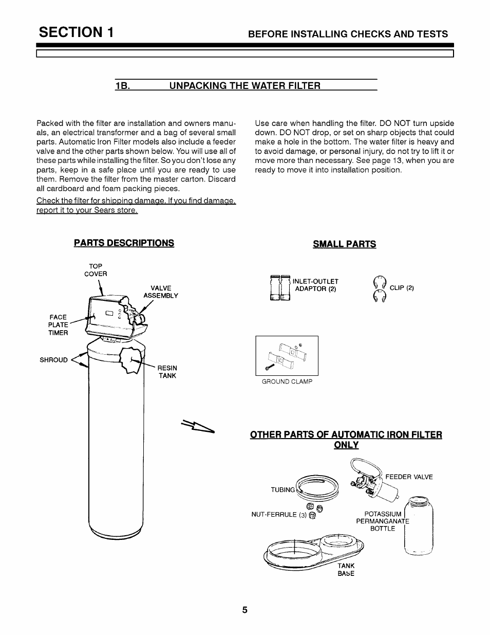 Unpacking the water filter, Parts descriptions, Small parts | Other parts of automatic iron filter only | Kenmore 7146611 User Manual | Page 5 / 20