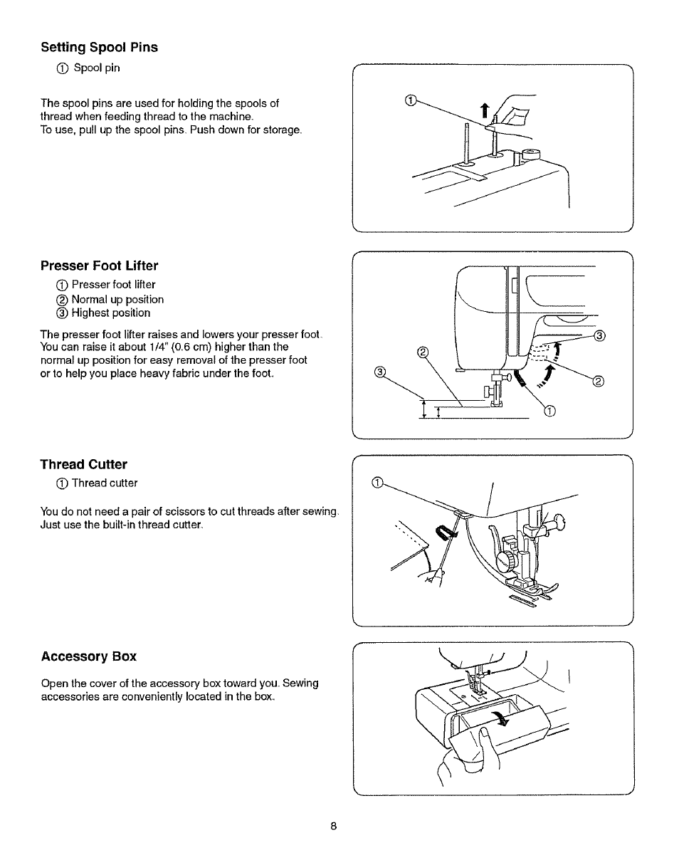 Setting spool pins, Presser foot lifter, Thread cutter | Accessory box | Kenmore 385.15512 User Manual | Page 16 / 79