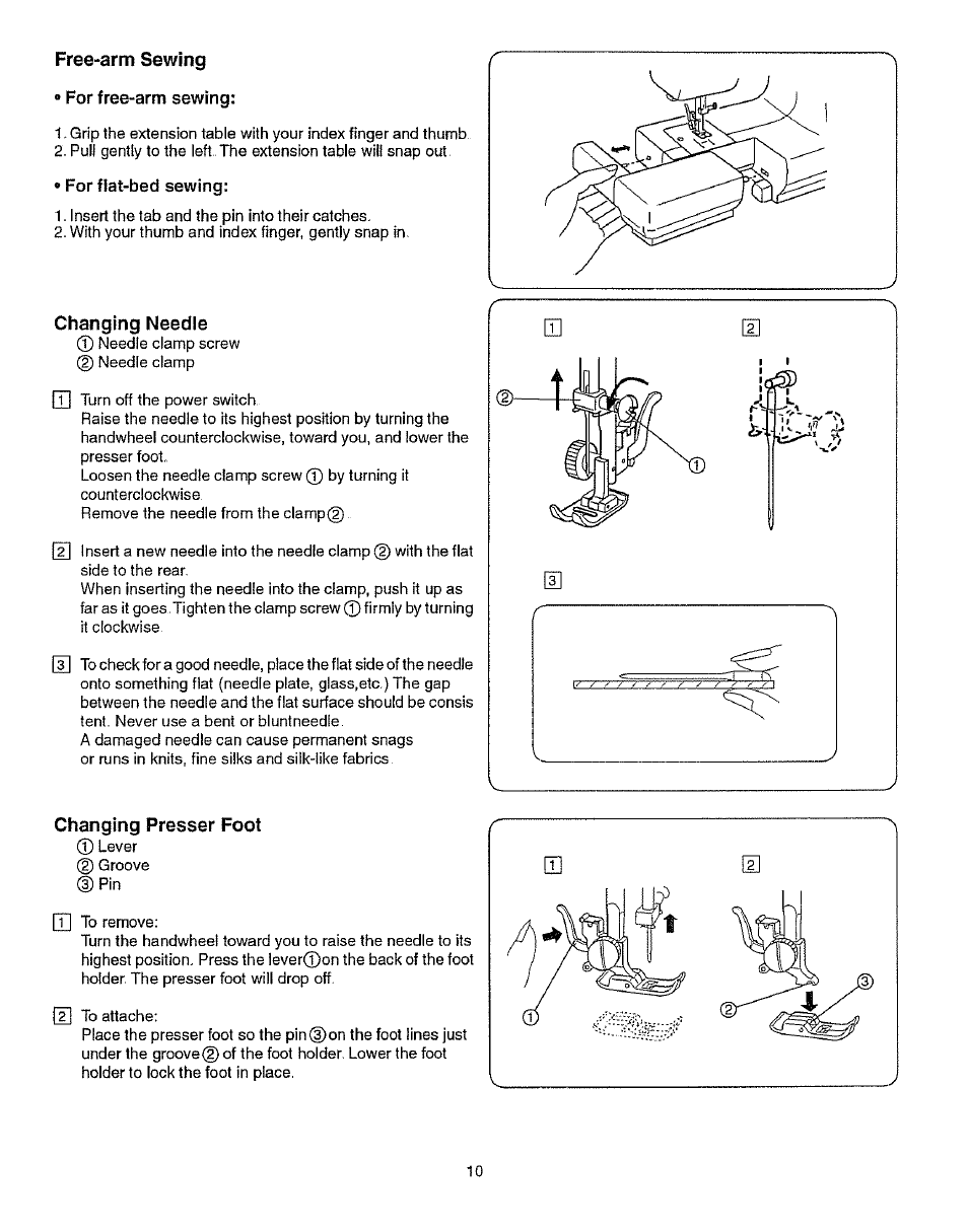 Free-arm sewing, For free-arm sewing, For flat-bed sewing | Changing needle, Changing presser foot | Kenmore 385.15512 User Manual | Page 18 / 79