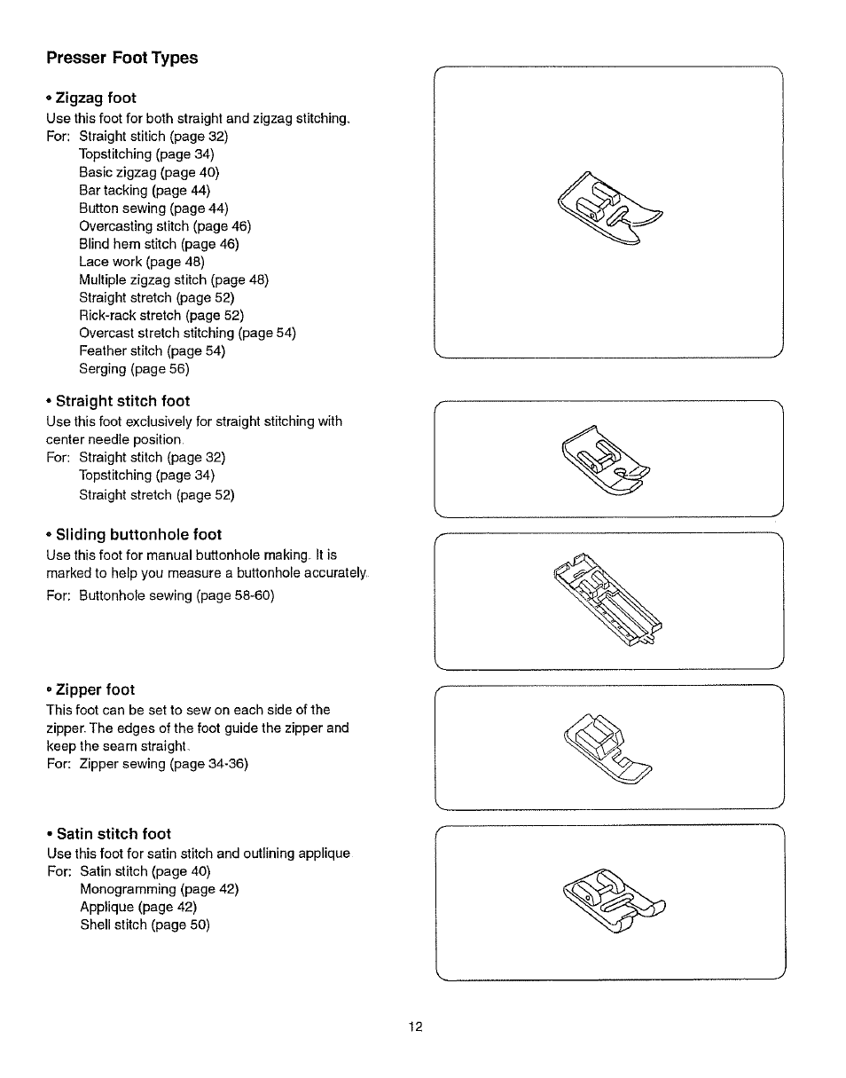 Presser foot types, Zigzag foot, Straight stitch foot | Sliding buttonhole foot, Zipper foot, Satin stitch foot, Straight stitch | Kenmore 385.15512 User Manual | Page 20 / 79