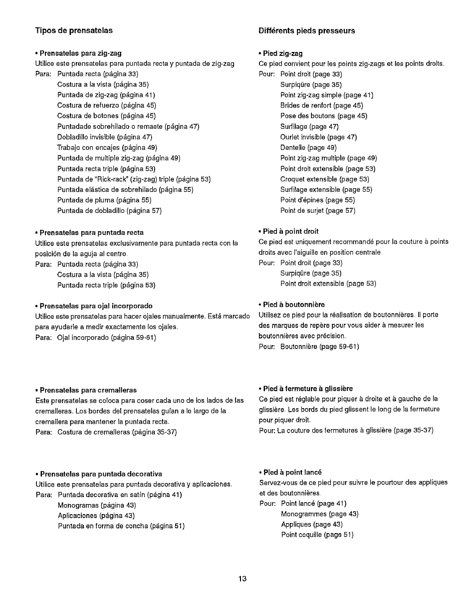 Différents pieds presseurs, Prénsatelas para zig-zag, Pied zig-zag | Prénsatelas para puntada recta, Pied à point droit, Pied à boutonnière, Prénsatelas para cremalleras, Pied à fermeture à giissière, Pied à point lancé | Kenmore 385.15512 User Manual | Page 21 / 79