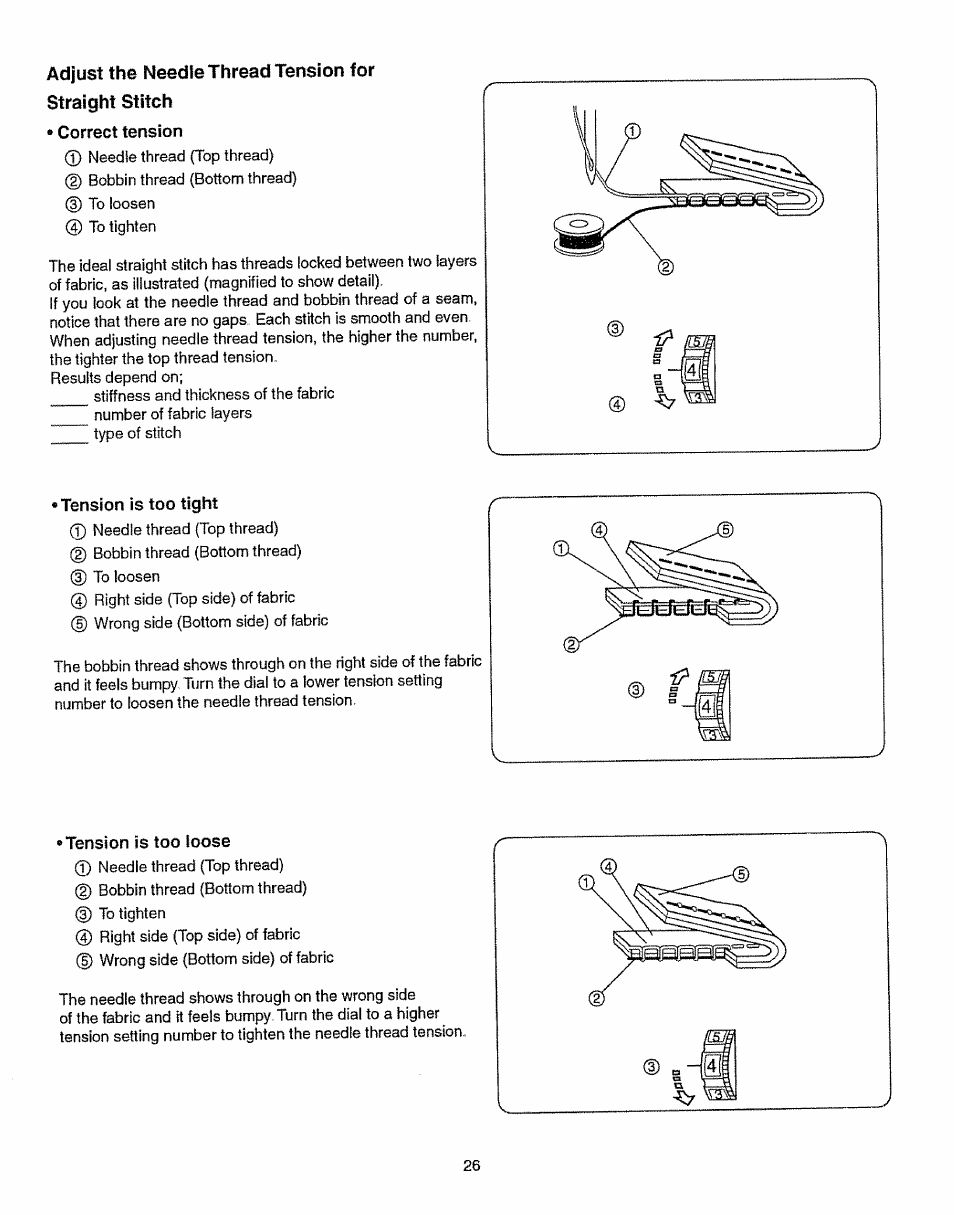 Correct tension, Tension is too tight, Tension is too loose | Kenmore 385.15512 User Manual | Page 34 / 79