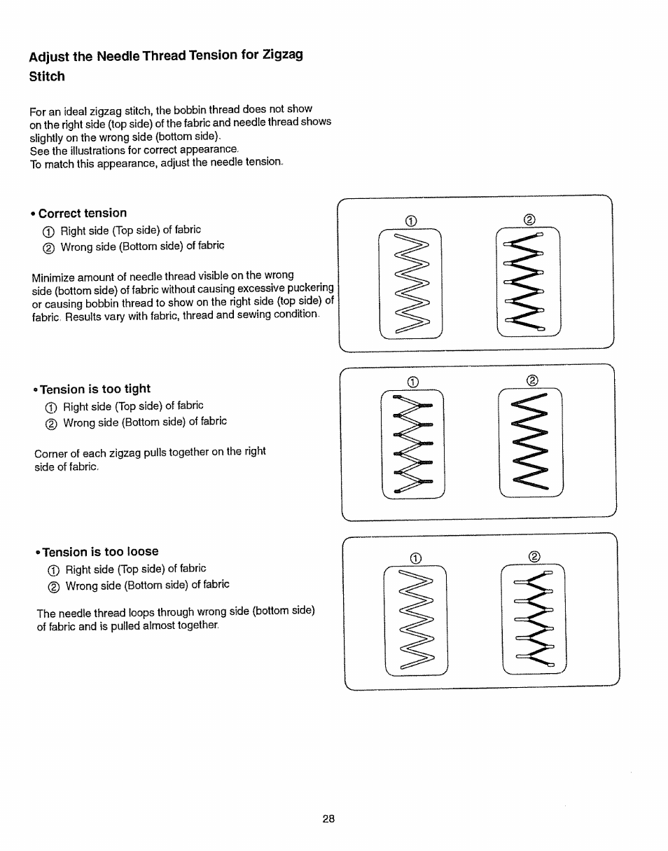 Adjust the needle thread tension for zigzag stitch | Kenmore 385.15512 User Manual | Page 36 / 79