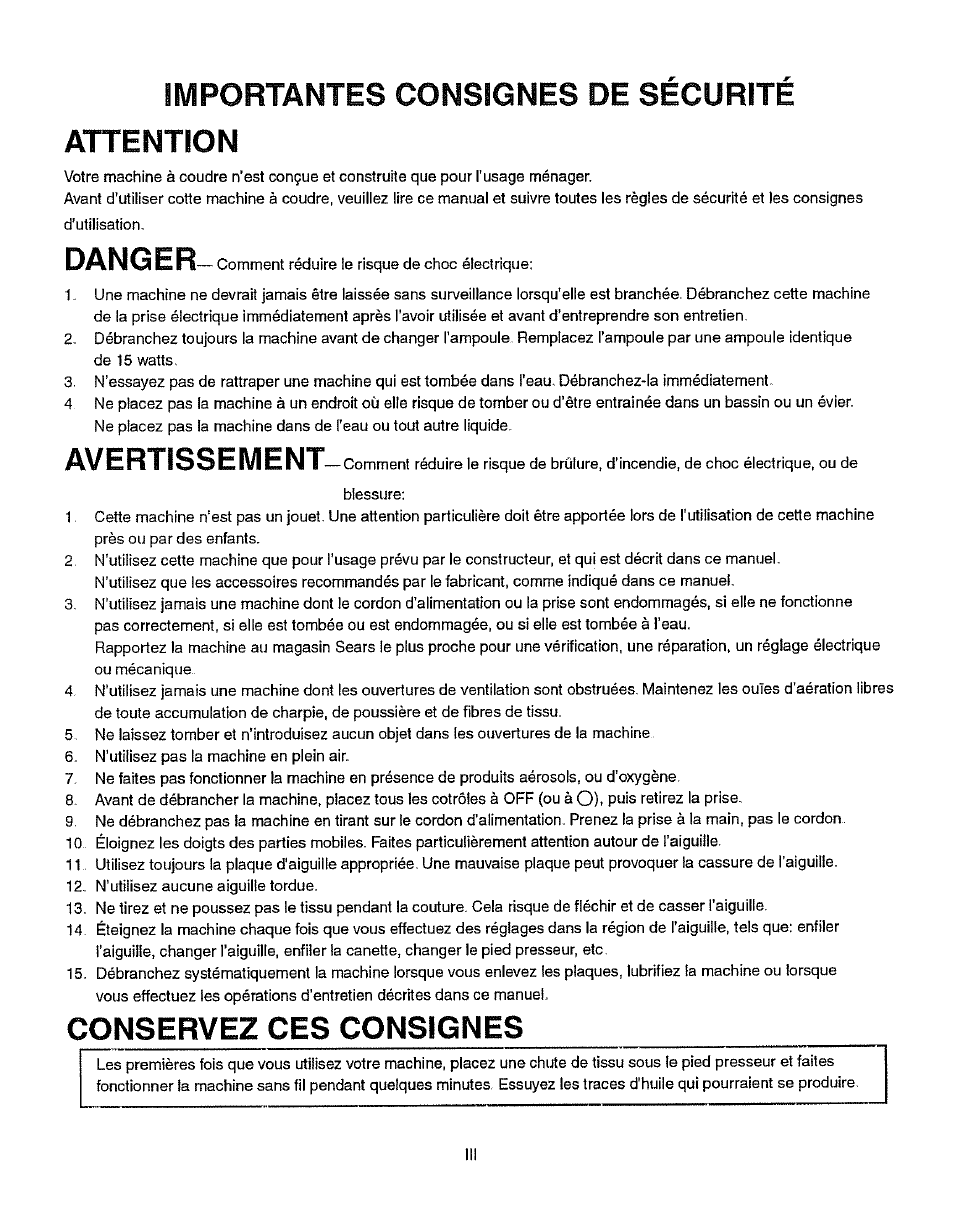 Importantes consignes de securite attention, Danger, Avertissement | Conservez ces consignes | Kenmore 385.15512 User Manual | Page 4 / 79