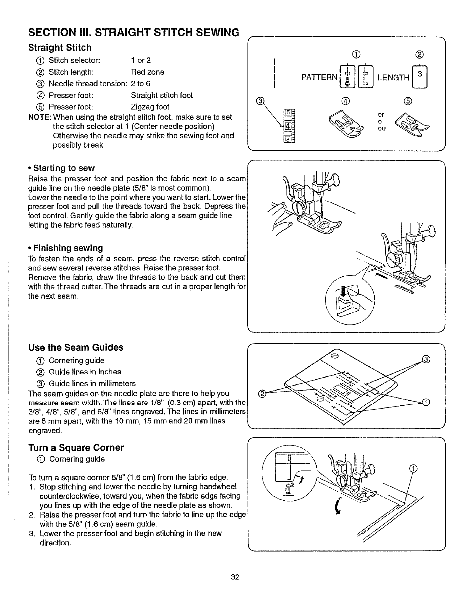 Starting to sew, Finishing sewing, Use the seam guides | Turn a square corner | Kenmore 385.15512 User Manual | Page 40 / 79