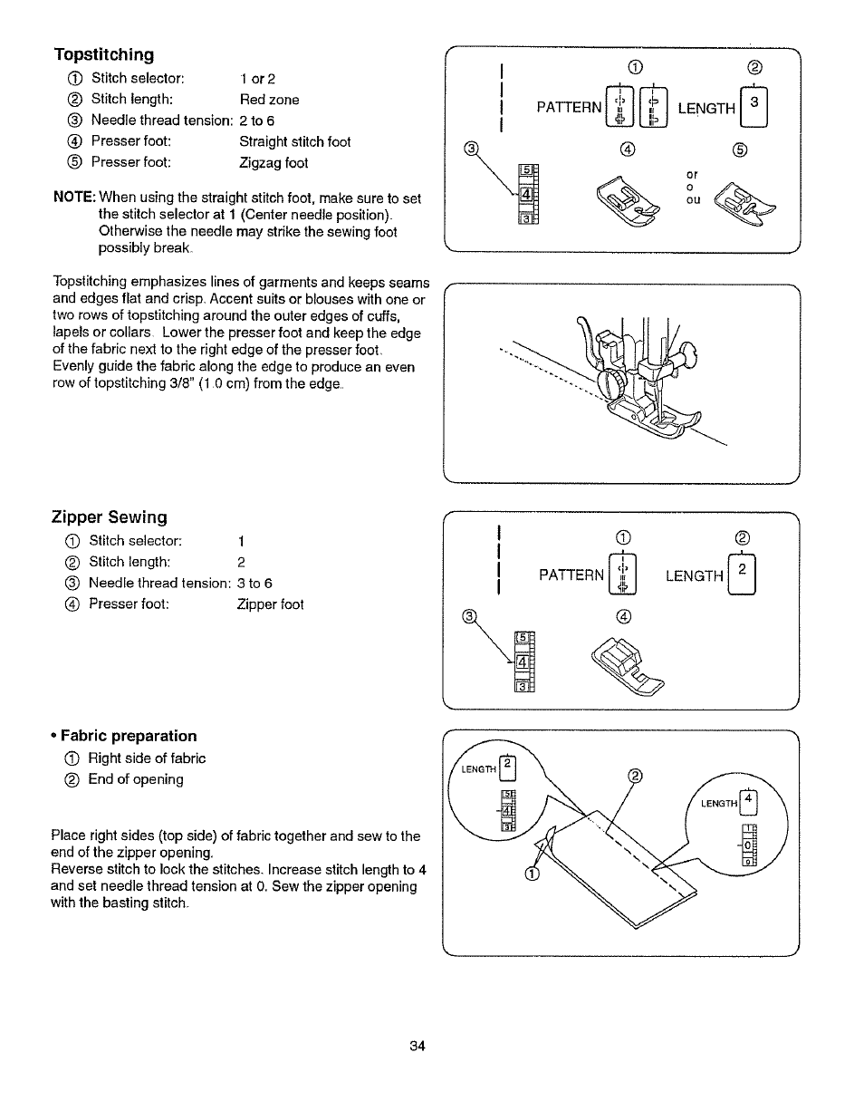 Topstitching, Zipper sewing, Fabric preparation | Kenmore 385.15512 User Manual | Page 42 / 79