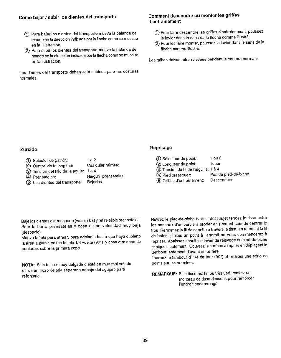 Cómo bajar / subir los dientes del transporte, Zurcido, Reprisage | Kenmore 385.15512 User Manual | Page 47 / 79