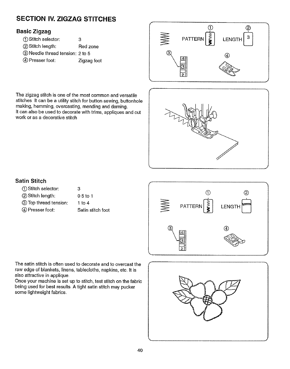 Basic zigzag, Satin stitch, Straight stitch | Kenmore 385.15512 User Manual | Page 48 / 79