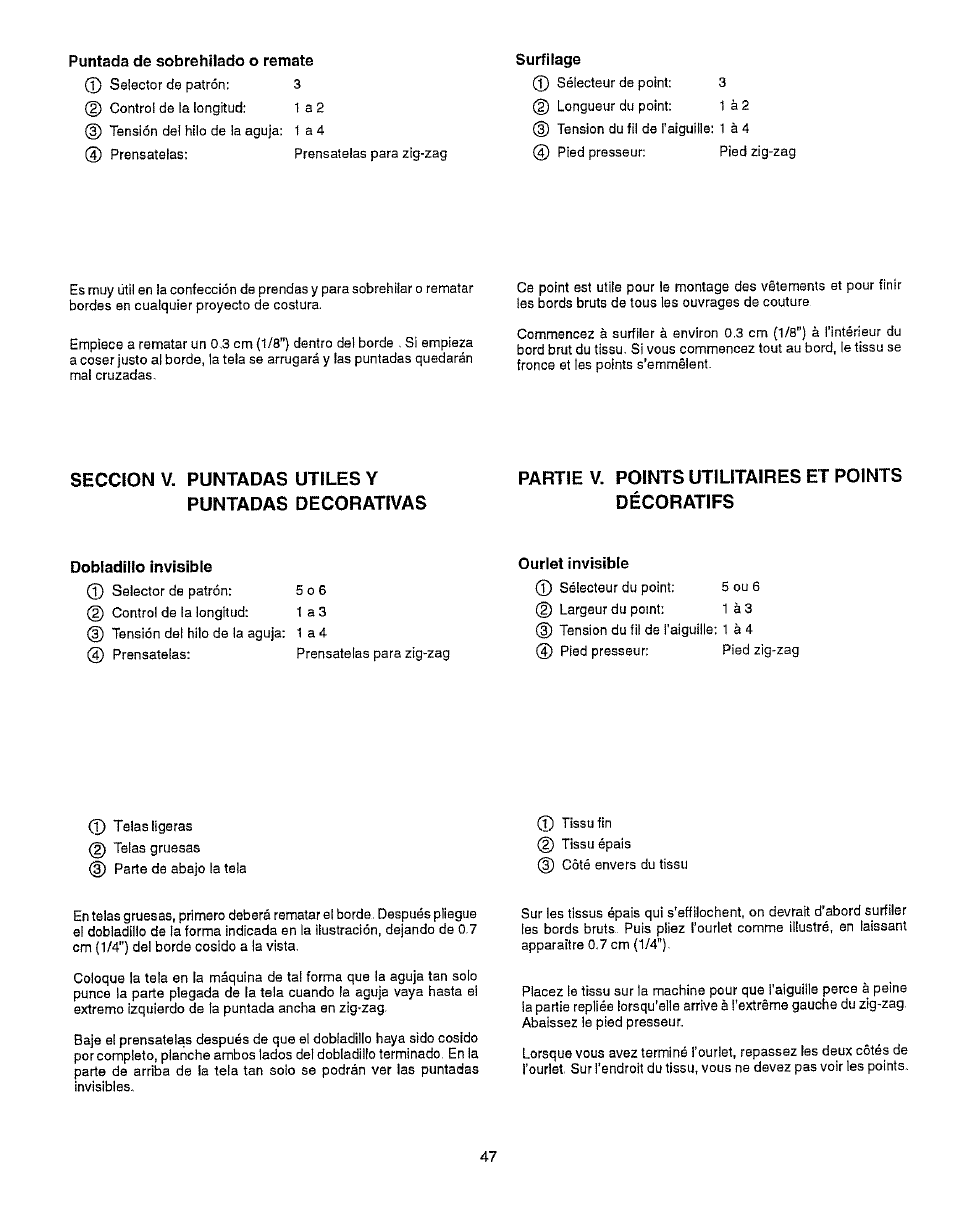 Puntada de sobrehilado o remate, Seccion v. puntadas utiles y, Puntadas decorativas | Partie v. points utilitaires et points décoratifs, Dobladillo invisible | Kenmore 385.15512 User Manual | Page 55 / 79