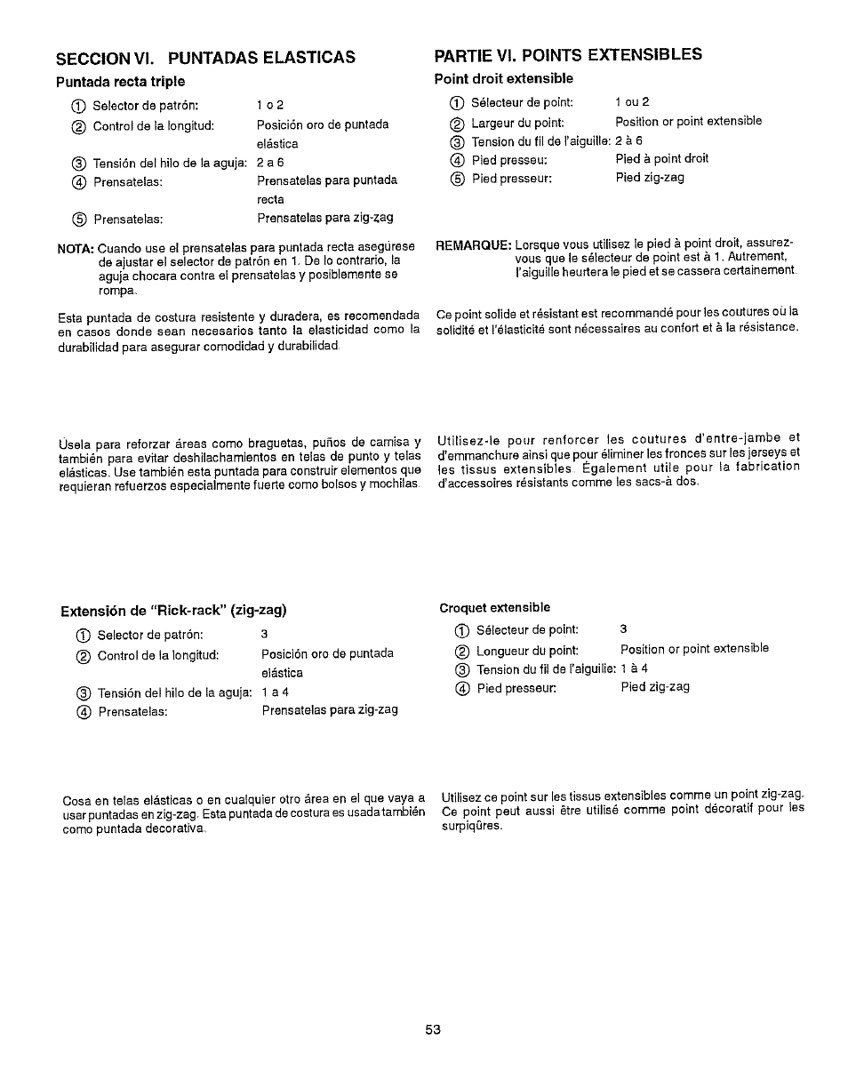 Partie vi. points extensibles, Point droit extensibie, Extensión de “rick-rack” (zíg-zag) | Extensión de "rick-rack"(zig-zag), Seccion vi. puntadas elasticas | Kenmore 385.15512 User Manual | Page 61 / 79