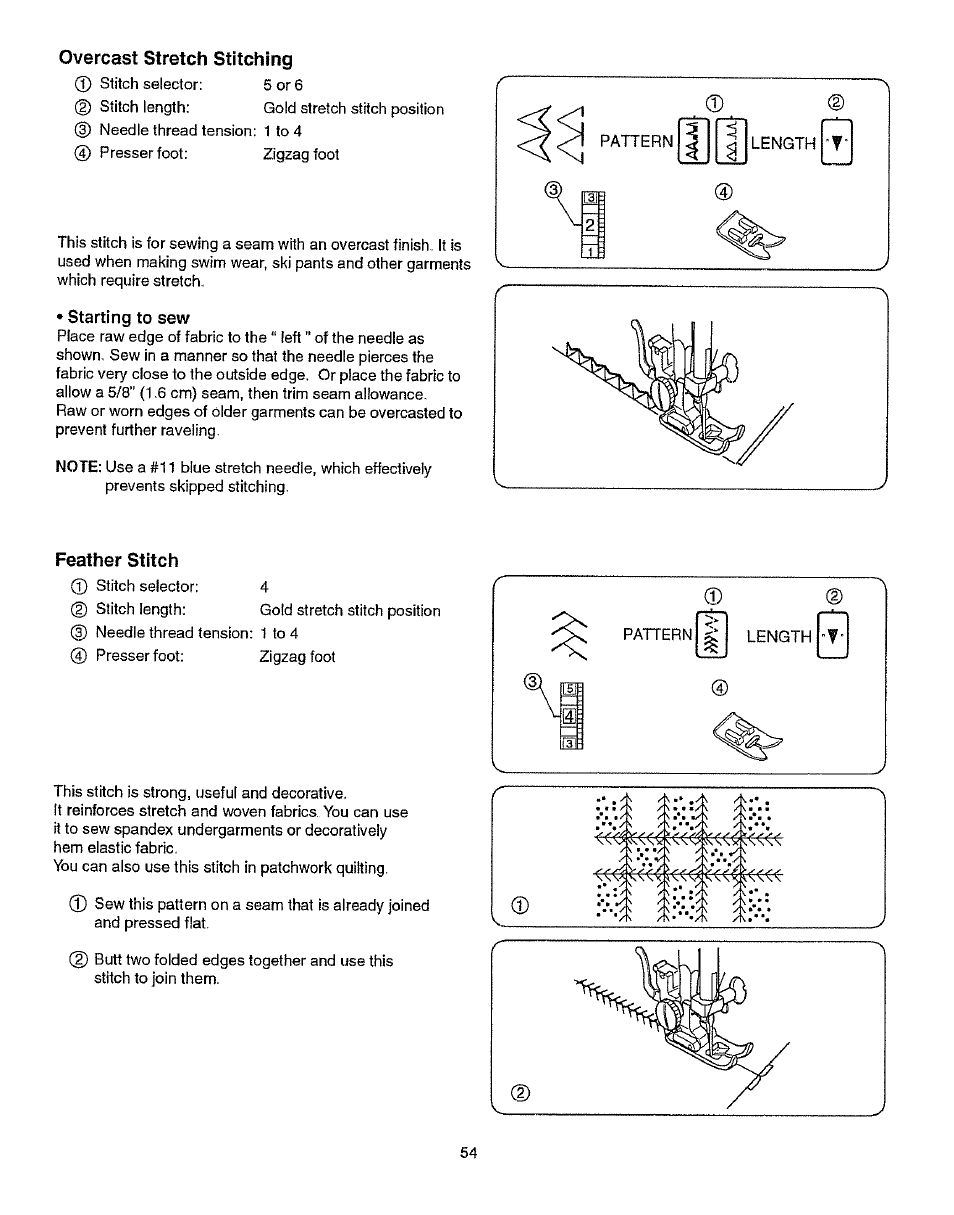 Overcast stretch stitching, Starting to sew, Feather stitch | Kenmore 385.15512 User Manual | Page 62 / 79