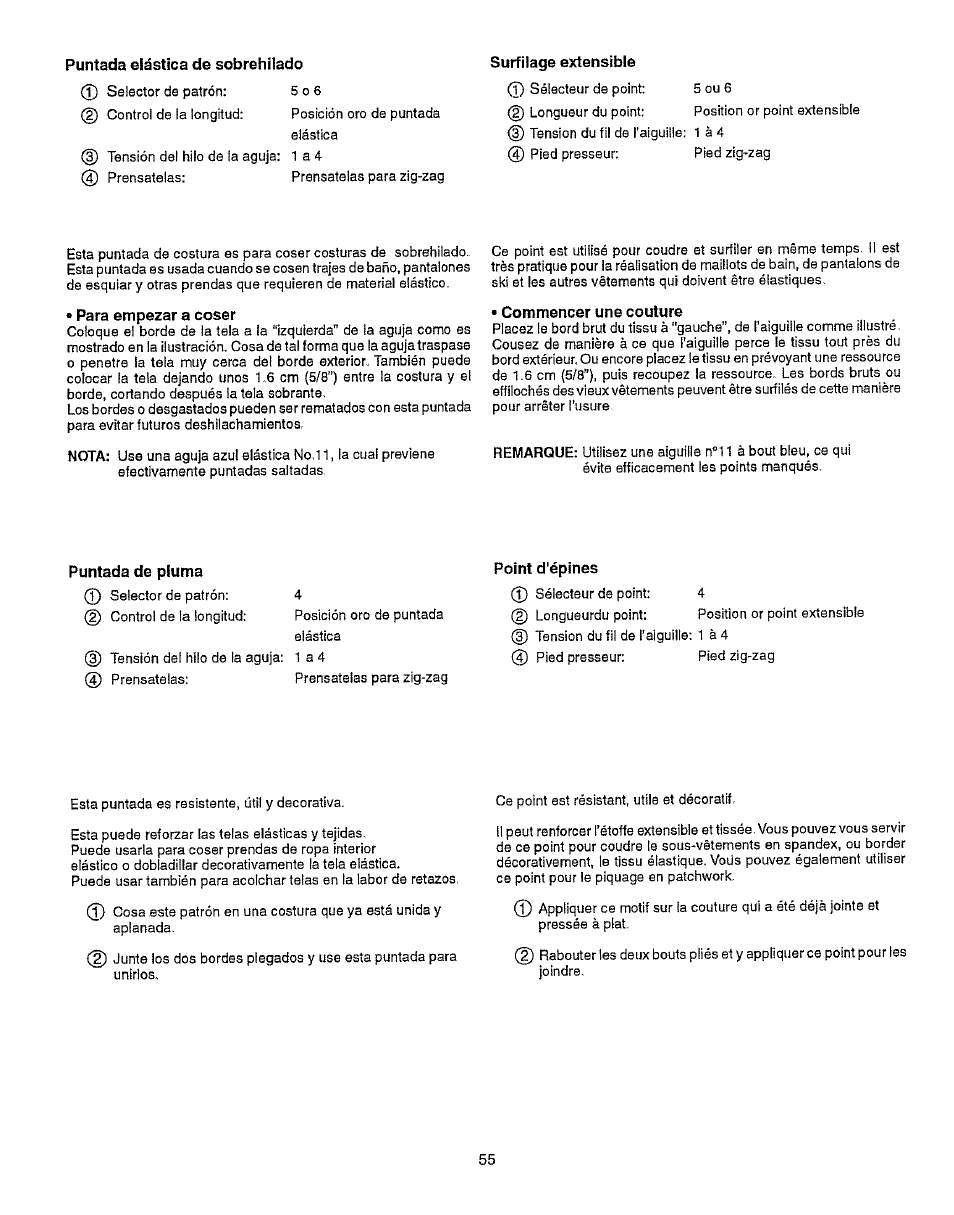 Puntada elástica de sobrehilado, Surfilage extensible, Para empezar a coser | Commencer une couture, Point d'épines | Kenmore 385.15512 User Manual | Page 63 / 79