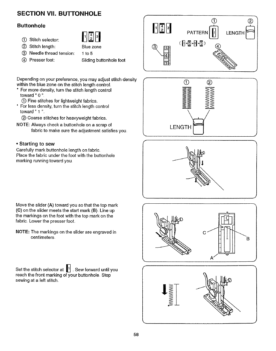 Section vii. buttonhole, Buttonhole, Starting to sew | Elio | Kenmore 385.15512 User Manual | Page 66 / 79