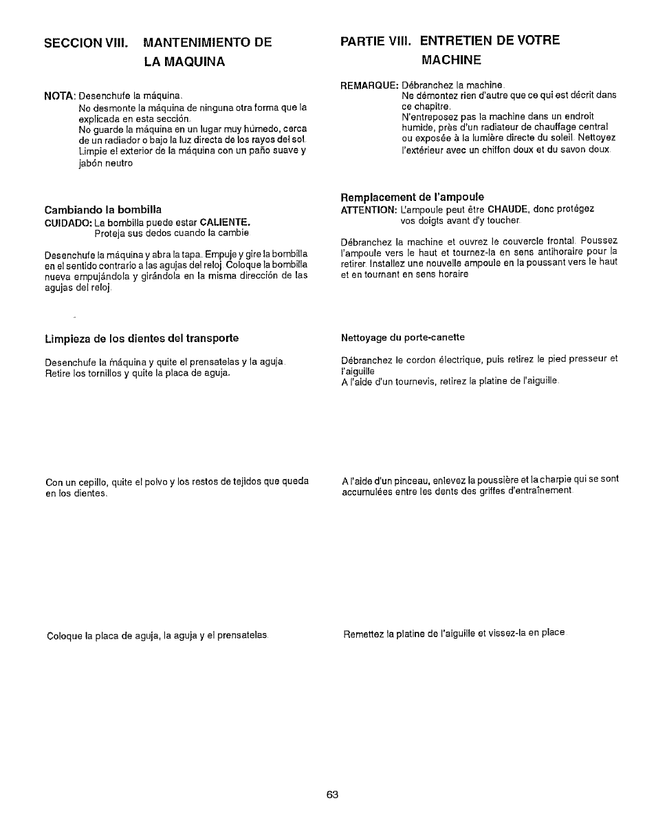 Mantenimiento de la maquina, Partie viii. entretien de votre machine, Cambiando la bombilla | Remplacement de l’ampoule, Limpieza de los dientes del transporte, Seccion vin | Kenmore 385.15512 User Manual | Page 71 / 79