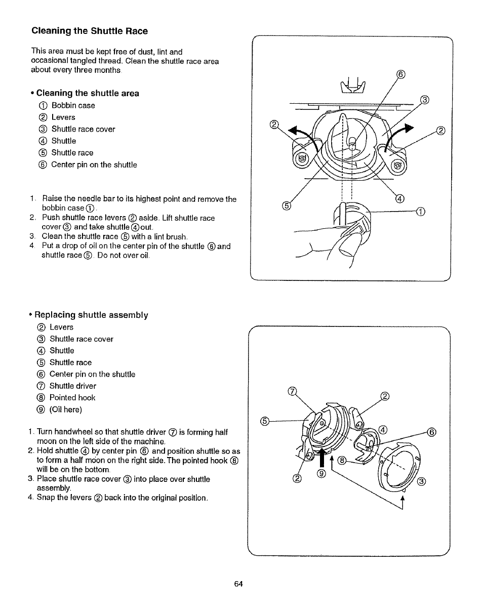 Cleaning the shuttle race, Cleaning the shuttle area, Replacing shuttle assembly | Kenmore 385.15512 User Manual | Page 72 / 79