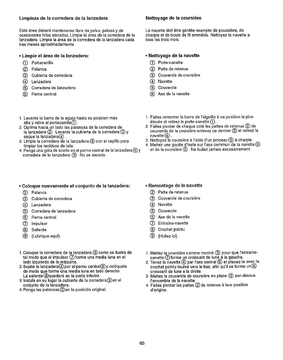 Limpíe el área de la lanzadera, Coioque nuevamente el conjunto de la lanzadera, Limpieza de la corredera de la lanzadera | Coloque nuevamente el conjunto de la lanzadera | Kenmore 385.15512 User Manual | Page 73 / 79