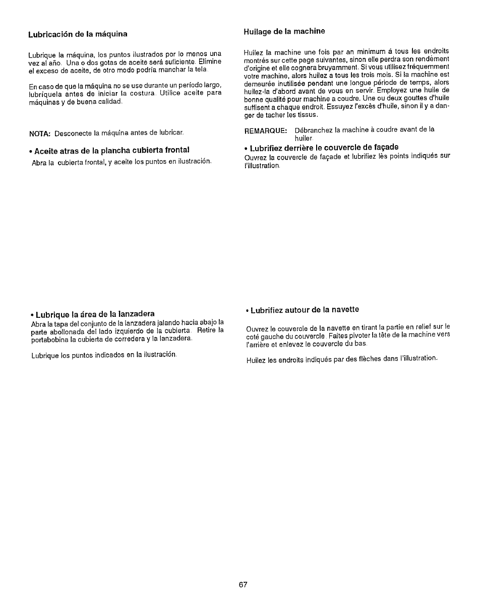 Aceite atras de la plancha cubierta frontal, Lubrifiez derrière le couvercle de façade, Lubrique la área de la lanzadera | Lubrifiez autour de la navette, Limpie la área de la lanzadera, Aceite atras de !a plancha cubierta frontal | Kenmore 385.15512 User Manual | Page 75 / 79