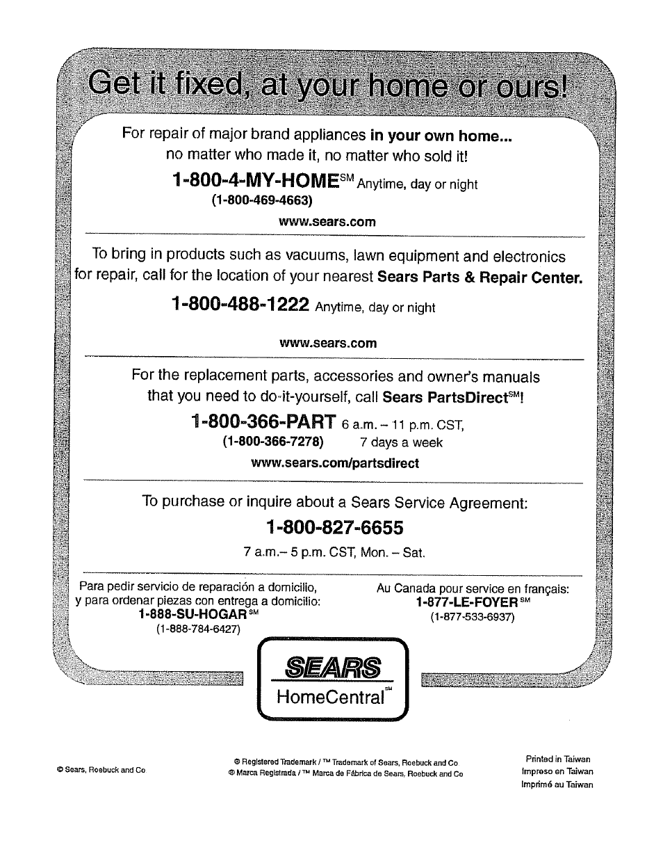 Get it fixed, at your home or ours, Www.sears.com, For repair of major brand appliances | No matter who made it, no matter who sold it, Sears parts & repair center, Sears partsdirecf | Kenmore 385.15512 User Manual | Page 79 / 79