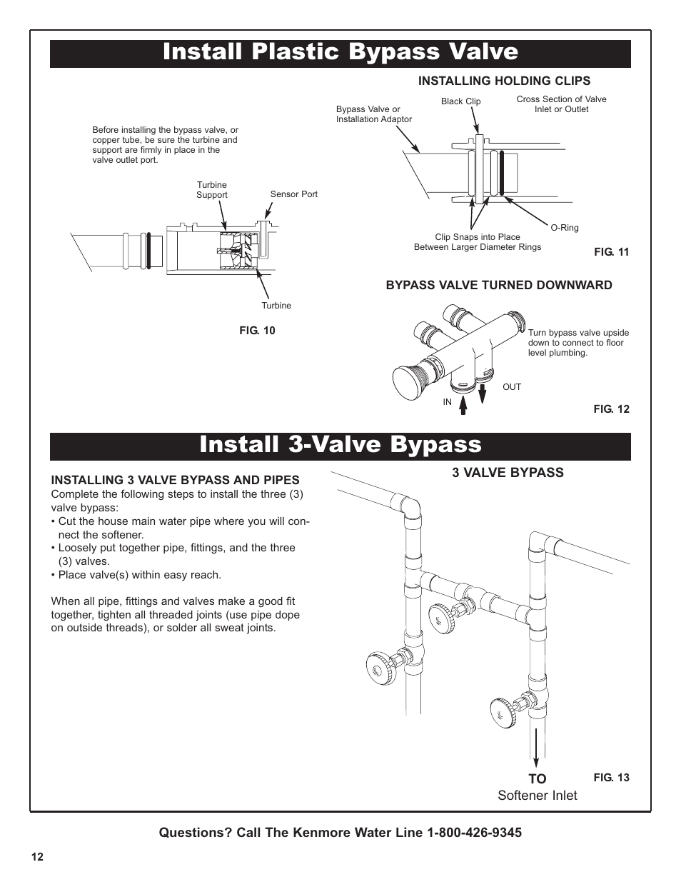 Install 3-valve bypass, Install plastic bypass valve | Kenmore 420 Series User Manual | Page 12 / 52