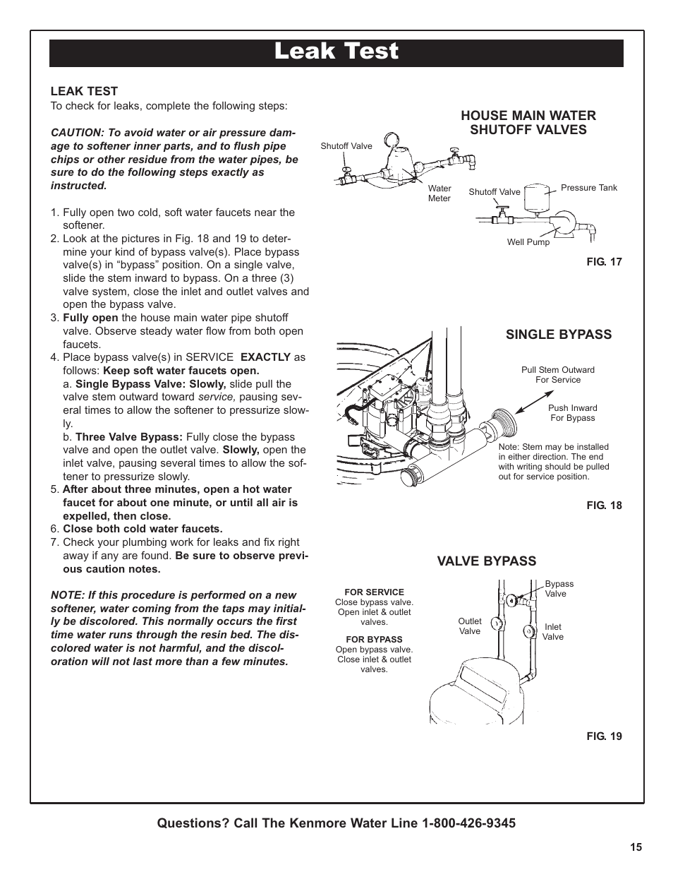 Leak test, House main water shutoff valves, Single bypass | Valve bypass | Kenmore 420 Series User Manual | Page 15 / 52