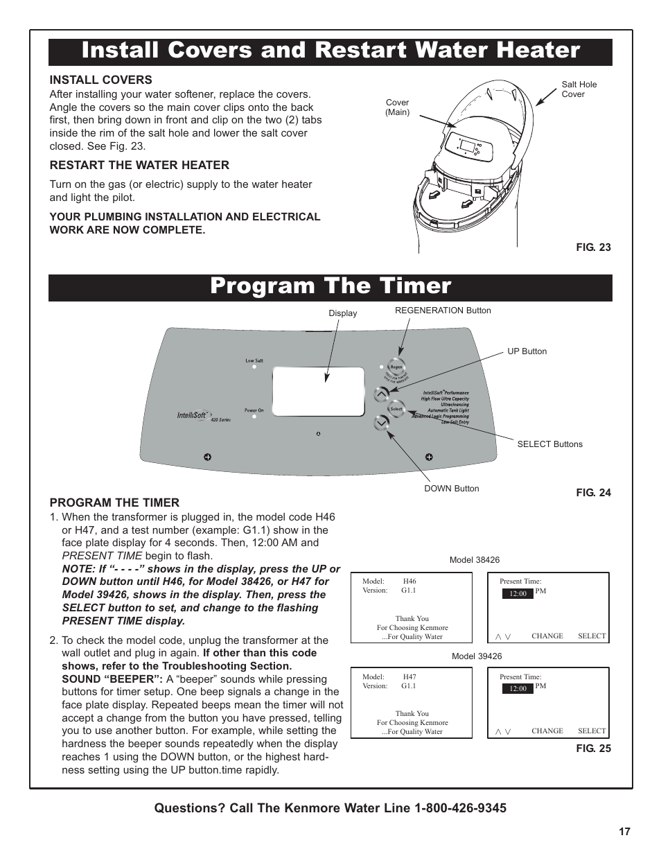 Install covers and restart water heater, Program the timer, Install covers | Restart the water heater | Kenmore 420 Series User Manual | Page 17 / 52