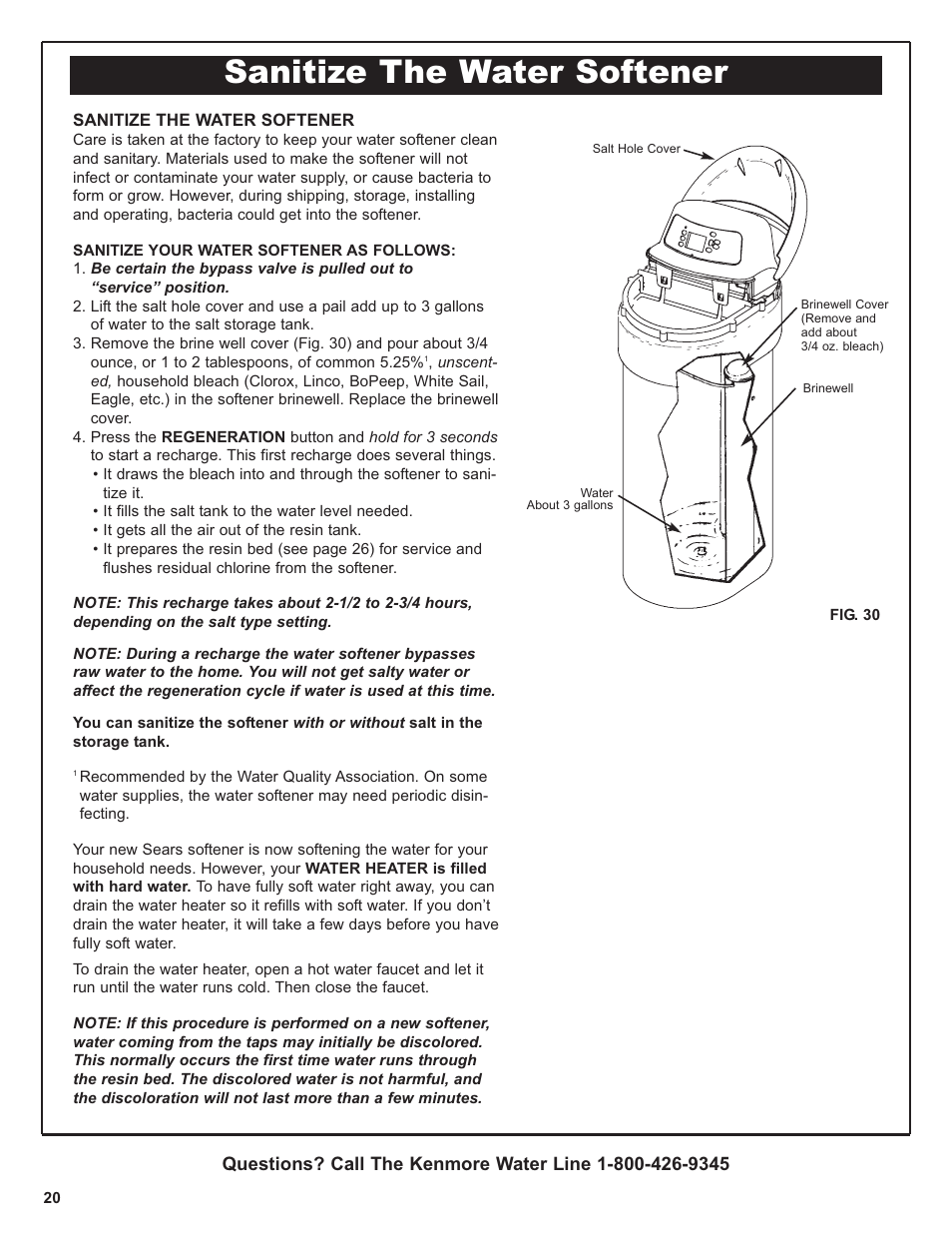 Sanitize the water softener | Kenmore 420 Series User Manual | Page 20 / 52