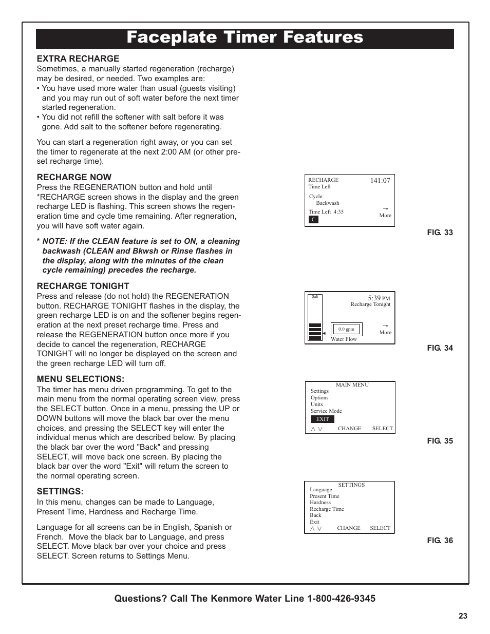 Faceplate timer features, Extra recharge, Recharge now | Recharge tonight, Menu selections, Settings | Kenmore 420 Series User Manual | Page 23 / 52