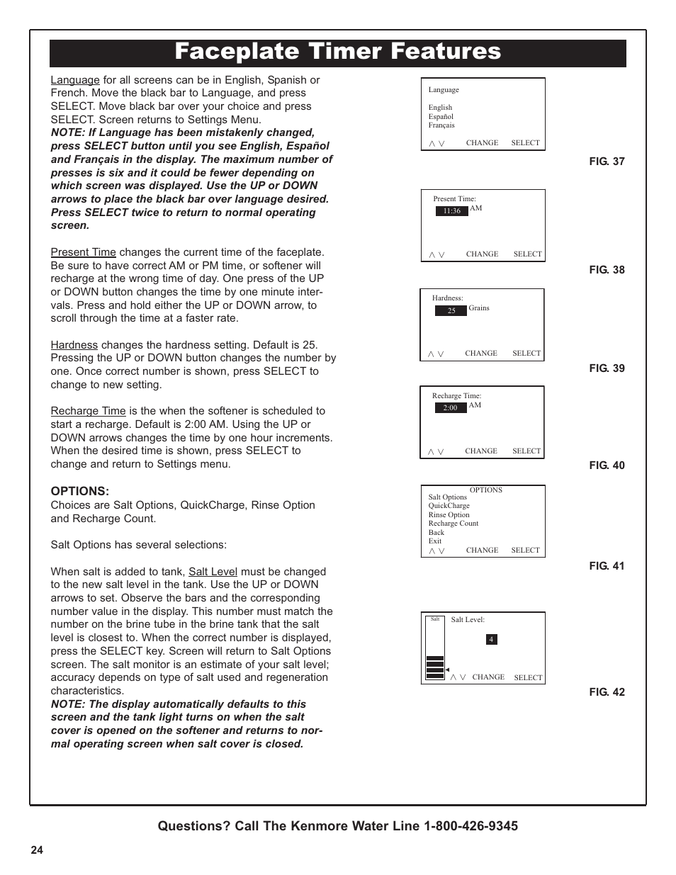 Faceplate timer features, Options | Kenmore 420 Series User Manual | Page 24 / 52