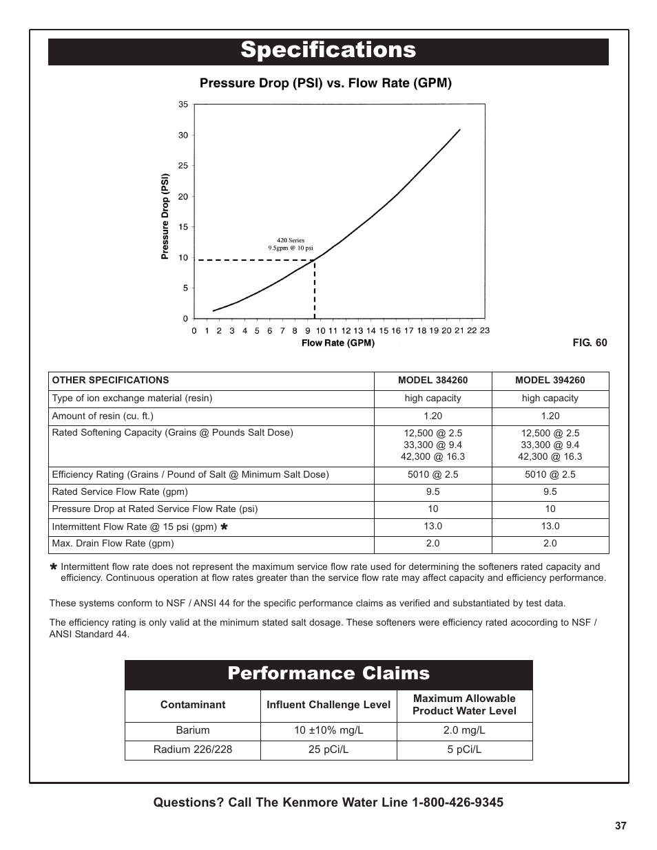 Specifications, Performance claims | Kenmore 420 Series User Manual | Page 37 / 52