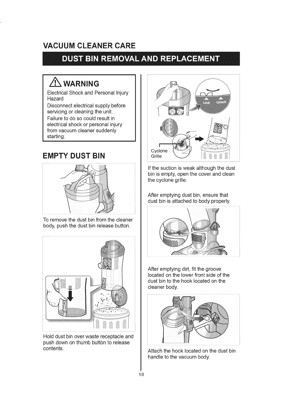 A warning, Empty dust bin | Kenmore 401.39000 User Manual | Page 10 / 16