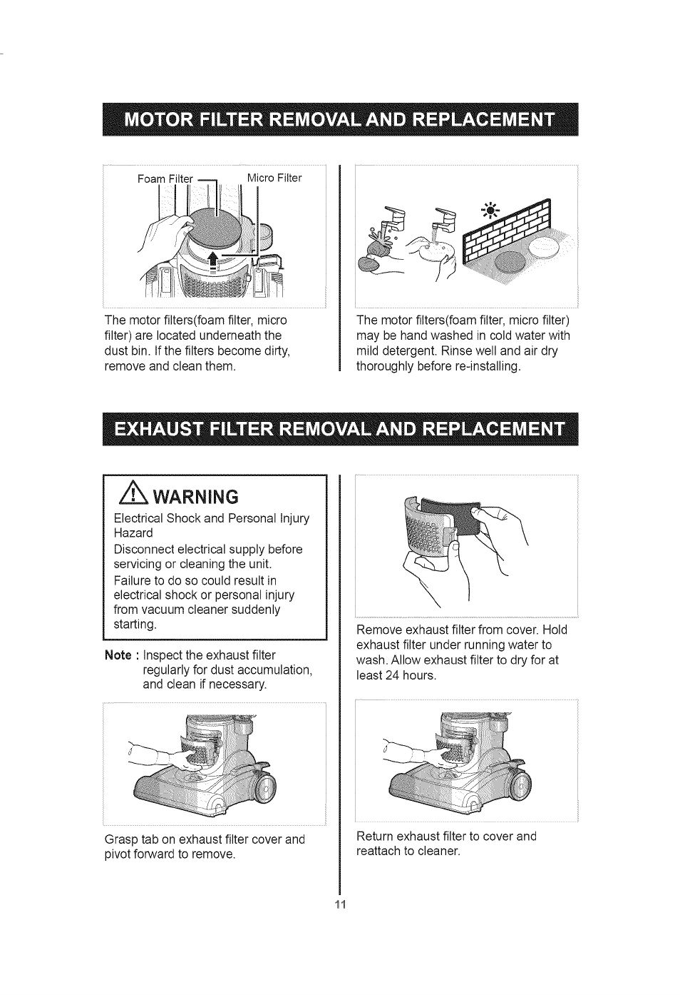 Exhaust filter removal and replacement, Motor filter removal and replacement, Warning | Kenmore 401.39000 User Manual | Page 11 / 16