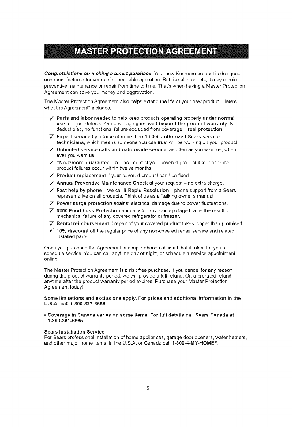 Master protection agreement | Kenmore 401.39000 User Manual | Page 15 / 16