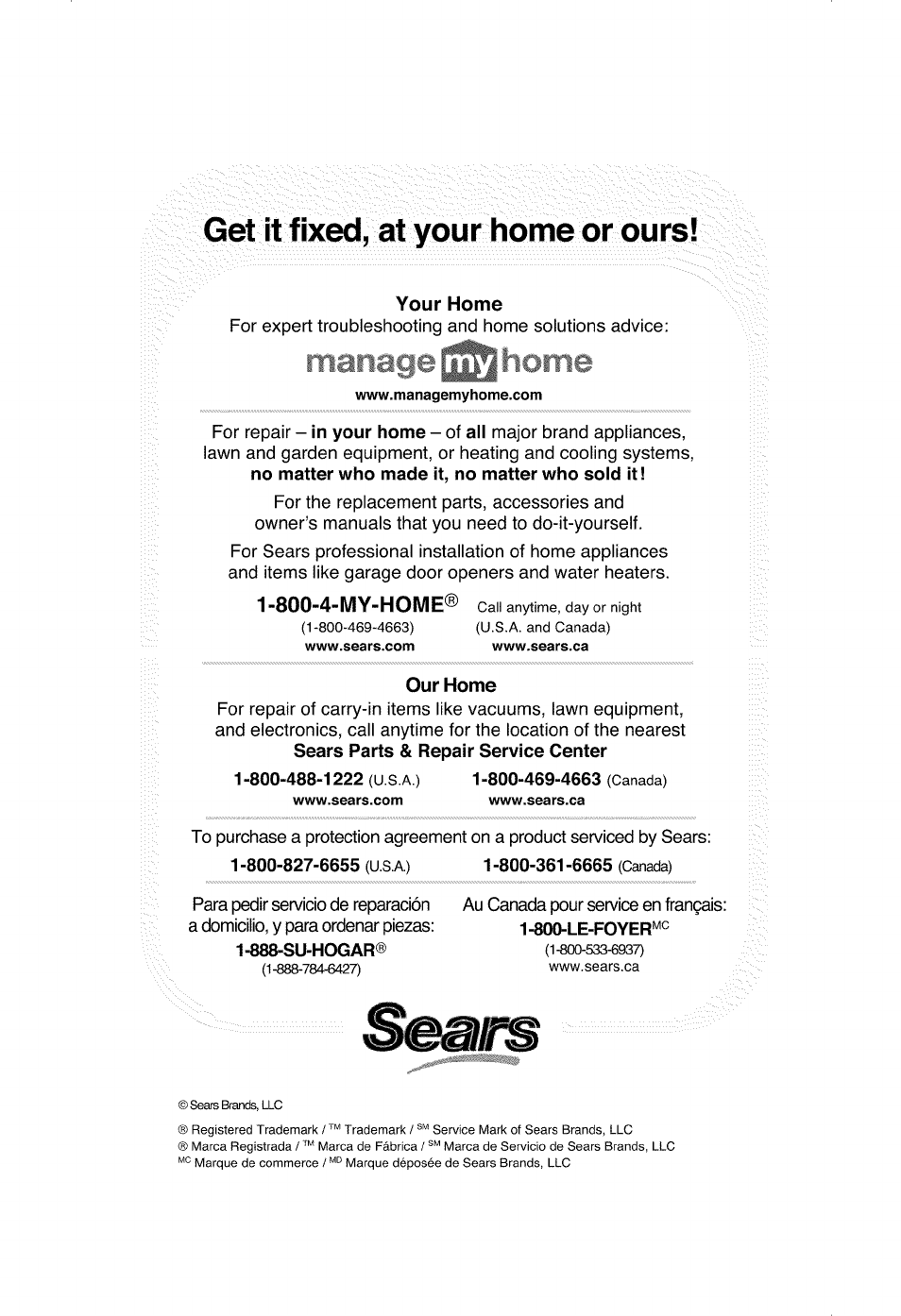 Get it fixed, at your home or ours, Your home, 800-4-my-home | Our home | Kenmore 401.39000 User Manual | Page 16 / 16