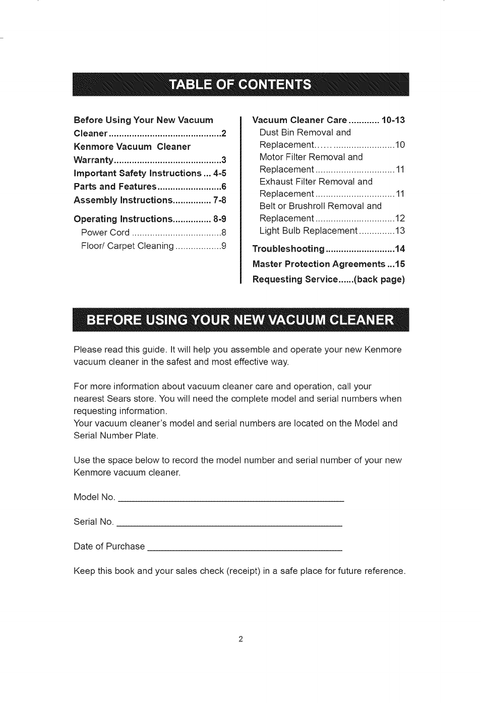 Table of content, Before using your new vacuum cleaner | Kenmore 401.39000 User Manual | Page 2 / 16