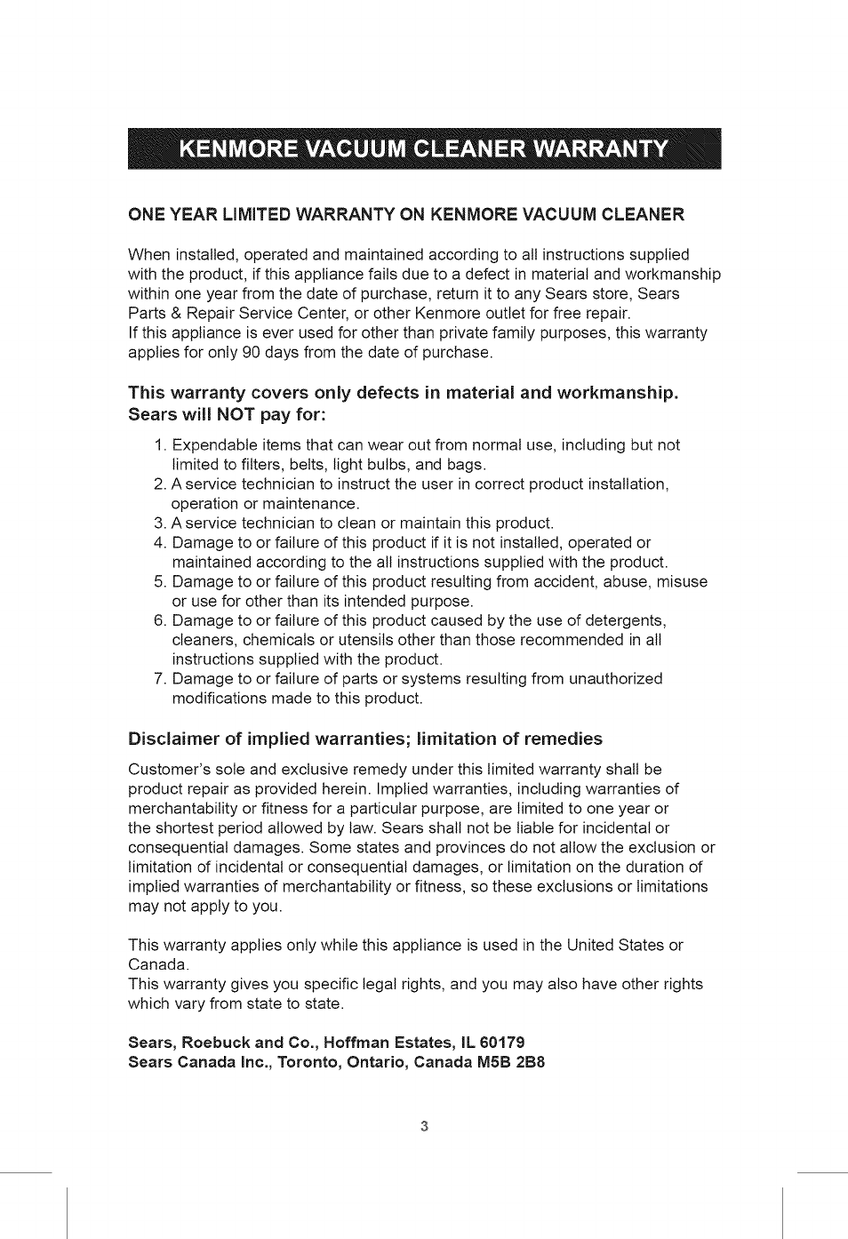 Kenmore vacuum cleaner warranty | Kenmore 401.39000 User Manual | Page 3 / 16