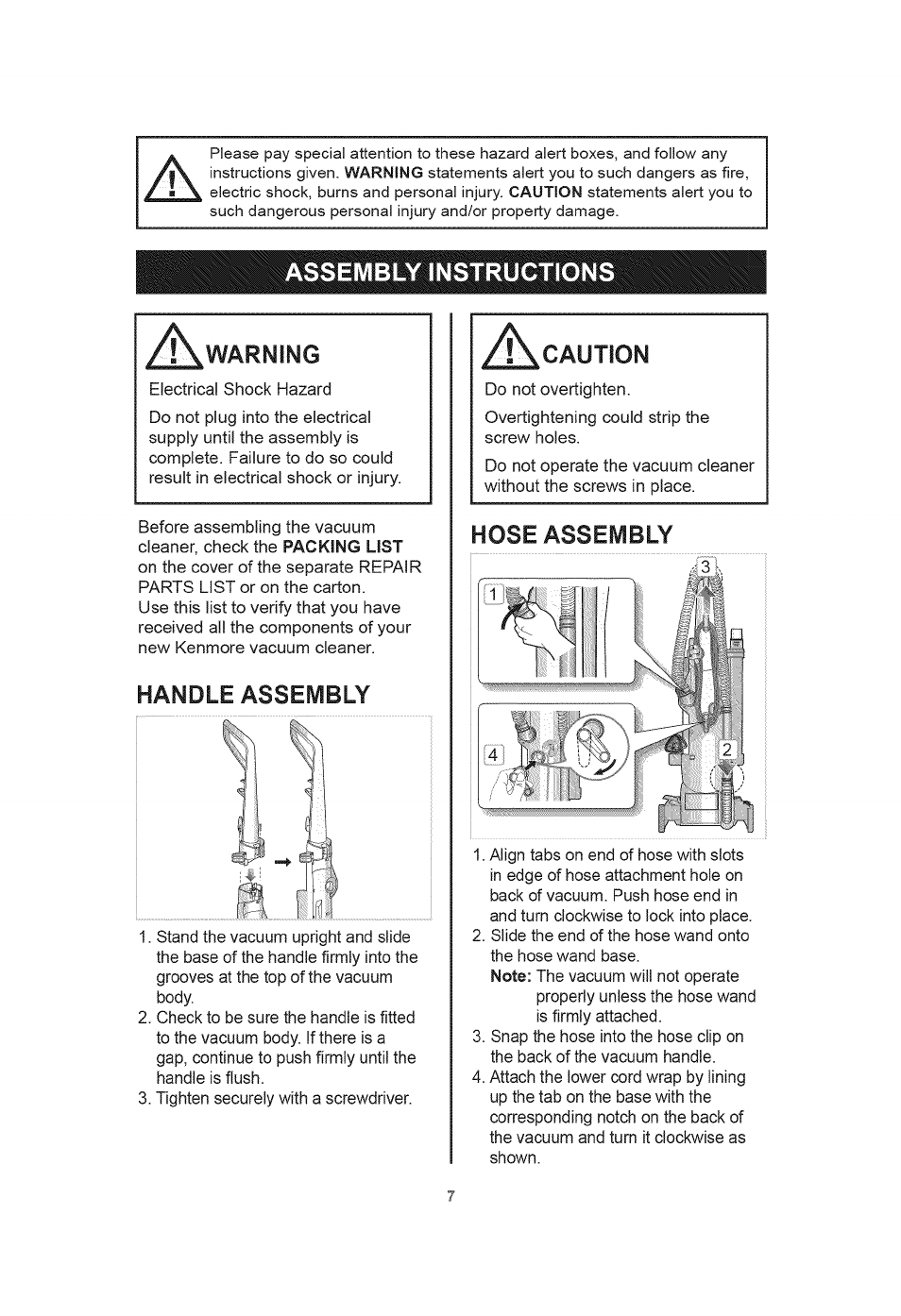 Assembly instructions, Handle assembly, Caution | Hose assembly, Assembly instructions -8, Warning | Kenmore 401.39000 User Manual | Page 7 / 16